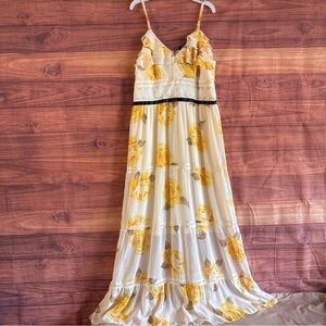 Disney Beauty and the Beast Belle Floral Maxi Dress Yellow Rose Lace Tiered L